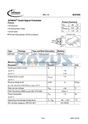 BSP295 datasheet - SIPMOS Small-Signal-Transistor