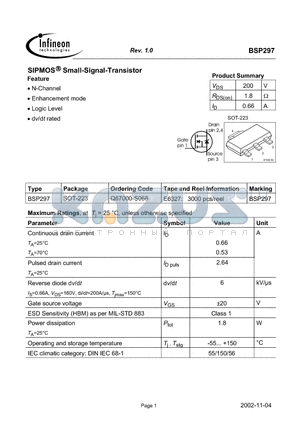 BSP297 datasheet - SIPMOS Small-Signal-Transistor