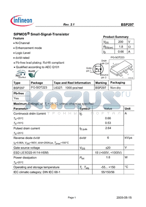 BSP297 datasheet - SIPMOS Small-Signal-Transistor