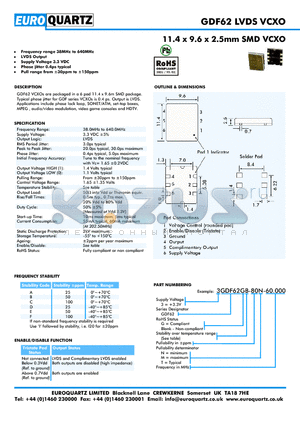 3GDF62-80T-60.000 datasheet - 11.4 x 9.6 x 2.5mm SMD VCXO