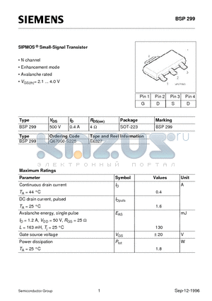 BSP299 datasheet - SIPMOS Small-Signal Transistor (N channel Enhancement mode Avalanche rated)