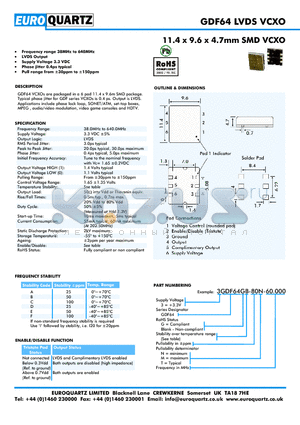 3GDF64B-80M-60.000 datasheet - 11.4 x 9.6 x 4.7mm SMD VCXO