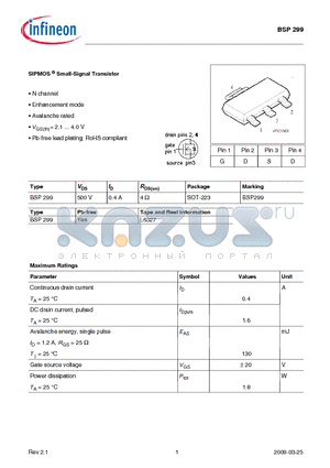 BSP299 datasheet - SIPMOS Small-Signal Transistor