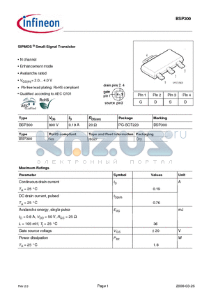 BSP300 datasheet - SIPMOS Small-Signal Transistor