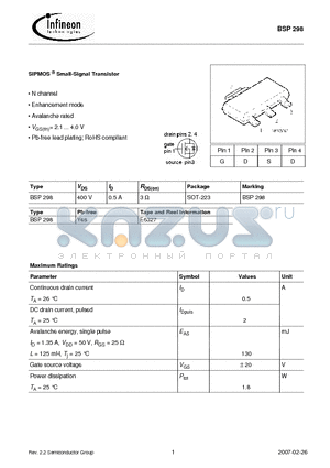 BSP298 datasheet - SIPMOS Small-Signal Transistor