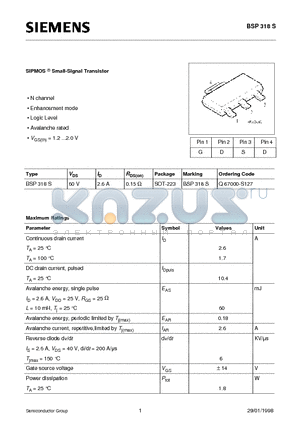 BSP318S datasheet - SIPMOS Small-Signal Transistor(N channel Enhancement mode Logic Level Avalanche rated)