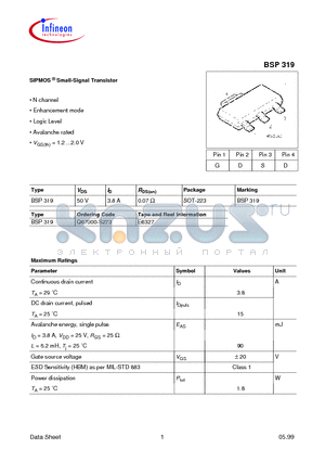 BSP319 datasheet - SIPMOS Small-Signal Transistor