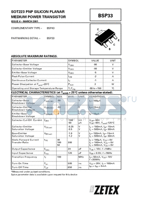 BSP33 datasheet - PNP SILICON PLANAR MEDIUM POWER TRANSISTOR