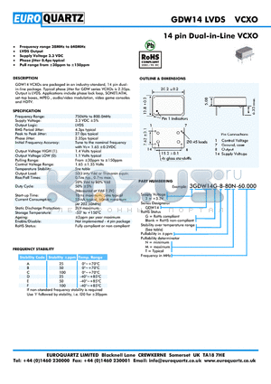 3GDW14-D-80N-60.000 datasheet - 14 pin Dual-in-Line VCXO