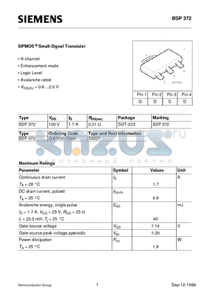 BSP372 datasheet - SIPMOS Small-Signal Transistor (N channel Enhancement mode Logic Level Avalanche rated