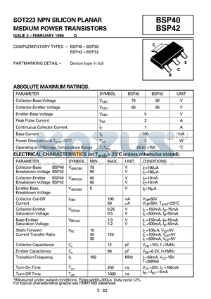 BSP42 datasheet - SOT223 NPN SILICON PLANAR MEDIUM POWER TRANSISTORS