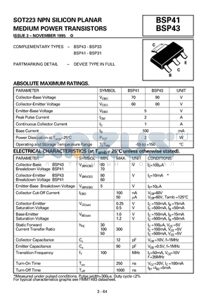 BSP43 datasheet - SOT223 NPN SILICON PLANAR MEDIUM POWER TRANSISTORS