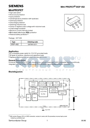 BSP452 datasheet - MiniPROFET (High-side switch Short-circuit protection Input protection Overtemperature protection with hysteresis)