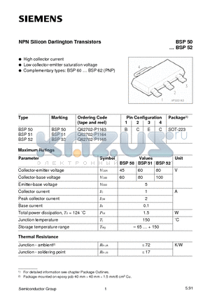 BSP50 datasheet - NPN Silicon Darlington Transistors (High collector current Low collector-emitter saturation voltage)