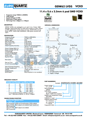 3GDW62-B-80M-60.000 datasheet - 11.4 x 9.6 x 2.5mm 6 pad SMD VCXO