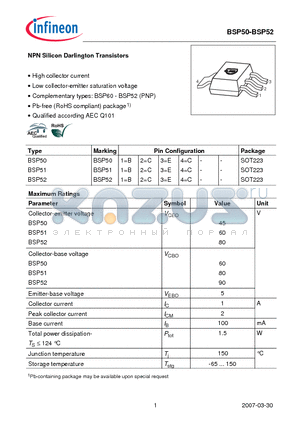 BSP52 datasheet - NPN Silicon Darlington Transistors