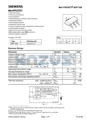 BSP550 datasheet - MiniPROFET(High-side switch Short-circuit protection Input protection Overtemperature protection with hysteresis)