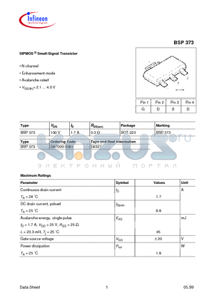 BSP373 datasheet - SIPMOS Small-Signal Transistor