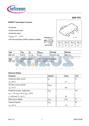 BSP373 datasheet - SIPMOS Small-Signal Transistor