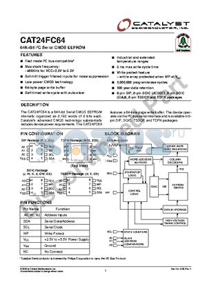 CAT24FC64YITE13 datasheet - 64K-Bit I2C Serial CMOS EEPROM