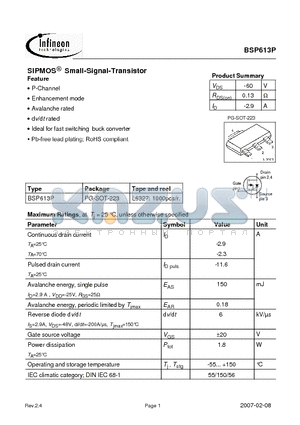 BSP613P datasheet - SIPMOS Small-Signal-Transistor