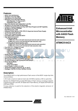 AT89C51AC3 datasheet - Enhanced 8-bit Microcontroller with 64KB Flash Memory