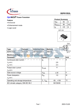 BSP615S2L datasheet - OptiMOS Power-Transistor