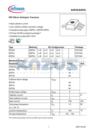 BSP62 datasheet - PNP Silicon Darlington Transistor