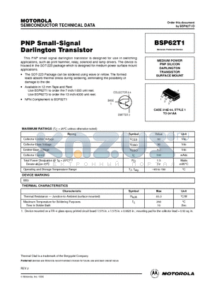 BSP62T1 datasheet - MEDIUM POWER PNP SILICON DARLINGTON TRANSISTOR SURFACE MOUNT