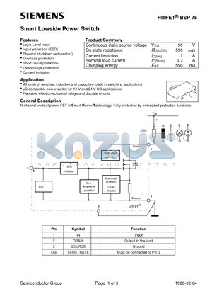 BSP75 datasheet - Smart Lowside Power Switch (Logic Level Input Input protection ESD Thermal shutdown with restart)