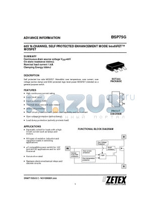 BSP75G datasheet - 60V N-CHANNEL SELF PROTECTED ENHANCEMENT MODE IntelliFET MOSFET