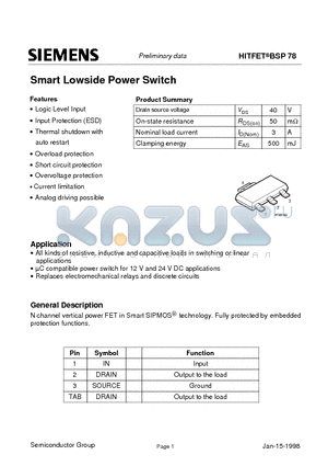 BSP78 datasheet - Smart Lowside Power Switch (Logic Level Input Input Protection ESD Thermal shutdown with auto restart)