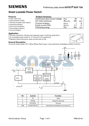 BSP75A datasheet - Smart Lowside Power Switch (Logic Level Input Input protection ESD Thermal shutdown with restart)