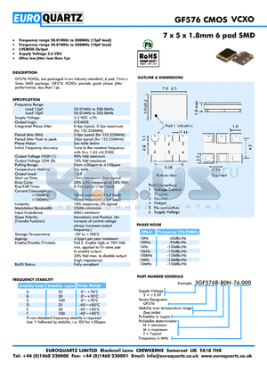 3GF576B-80T-76.000 datasheet - 7 x 5 x 1.8mm 6 pad SMD