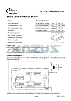 BSP77 datasheet - Smart Lowside Power Switch