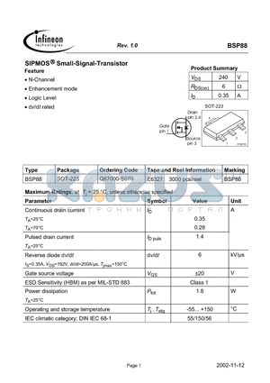 BSP88 datasheet - SIPMOS Small-Signal-Transistor