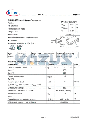 BSP88 datasheet - SIPMOS Small-Signal-Transistor