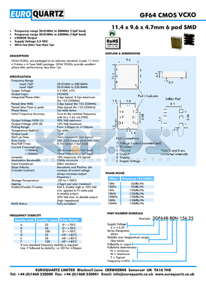 3GF64D-80T-156.25 datasheet - 11.4 x 9.6 x 4.7mm 6 pad SMD