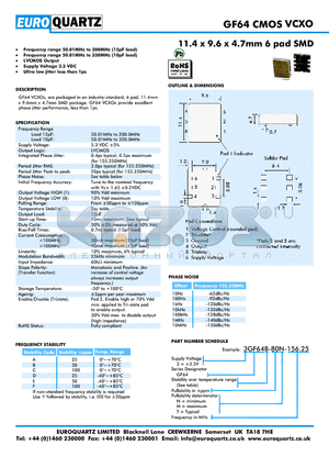 3GF64F-80N-156.25 datasheet - 11.4 x 9.6 x 4.7mm 6 pad SMD