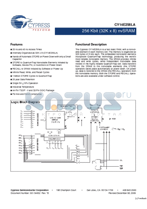 CY14E256LA datasheet - 256 Kbit (32K x 8) nvSRAM