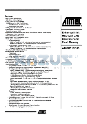 AT89C51CC03U-RLTIM datasheet - Enhanced 8-bit MCU with CAN Controller and Flash Memory
