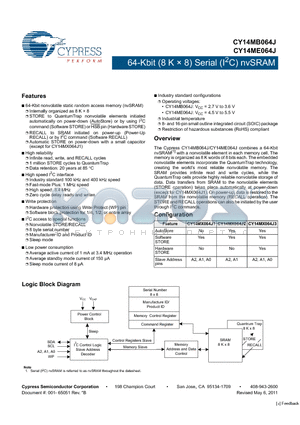 CY14MB064J datasheet - 64-Kbit (8 K x 8) Serial (I2C) nvSRAM Nonvolatile STORE/RECALL