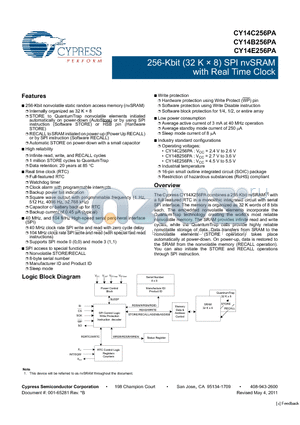 CY14E256PA datasheet - 256-Kbit (32 K x 8) SPI nvSRAM with Real Time Clock Infinite read, write, and RECALL cycles