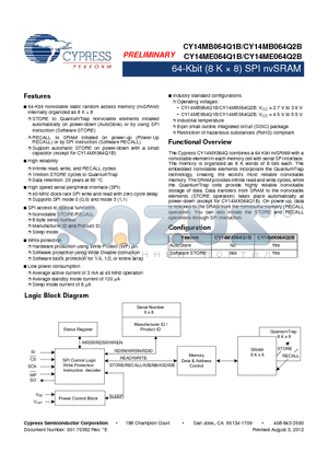 CY14MB064Q1B datasheet - 64-Kbit (8 K  8) SPI nvSRAM