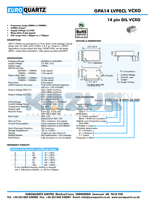 3GPA14-B-80T-60.000 datasheet - 14 pin DIL VCXO