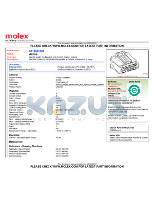 0314081081 datasheet - USCAR 2.54mm (.100) Pitch Receptacle, 8 Circuits, Polarization B, Gray