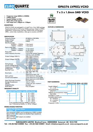 3GPA576A-80T-60.000 datasheet - 7 x 5 x 1.8mm SMD VCXO