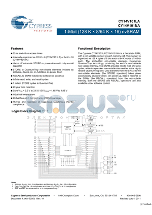 CY14V101LA-BA45XIT datasheet - 1-Mbit (128 K x 8/64 K x 16) nvSRAM  Infinite read, write, and recall cycles