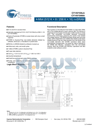 CY14V104LA-BA25XI datasheet - 4-Mbit (512 K x 8 / 256 K x 16) nvSRAM 25 ns and 45 ns access times