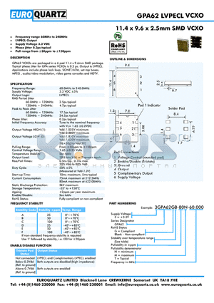 3GPA62A-80M-60.000 datasheet - 11.4 x 9.6 x 2.5mm SMD VCXO